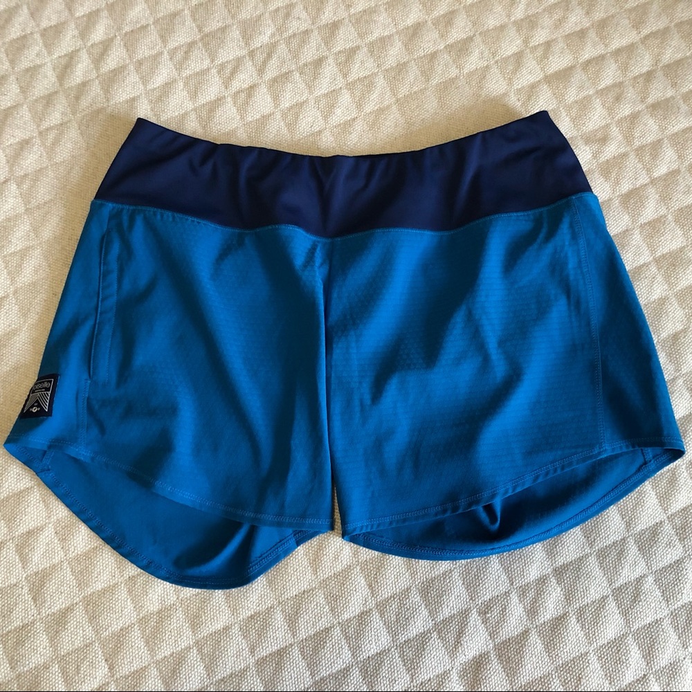 oiselle Blue Athletic Running Shorts with Navy Waistband
